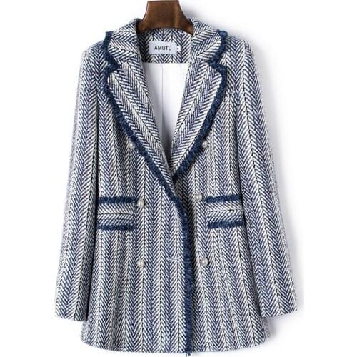 Blue Tweed Jacket Winter Sweater Jacket Coat for Women Female Outerwear flat colla Coat Casual Winter Womens Jacket