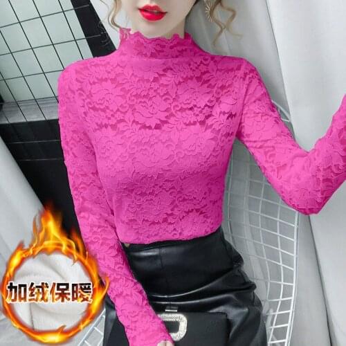 Women Blouse Womens Autumn Winter Mesh Long-Sleeved Turtleneck Lace Top Blusas Ropa De Mujer