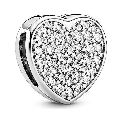 Original 925 Sterling Silver Bead New Heart With Crystal Clip Fit Pandora Women Bracelet & Necklace Diy Jewelry