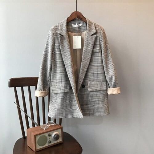 Vintage Plaid Blazer Jacket For Women Loose Long Sleeve Office Coat With Pockets Casual Double Breasted Outerwear Tops