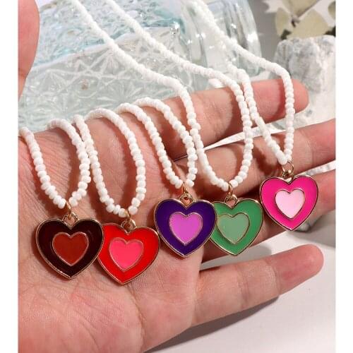 Bohemian Colorflul Enamel Heart Beaded Necklace For Women Jewelry White Handmade Rice Bead Double Layer Love Pendant Necklaces