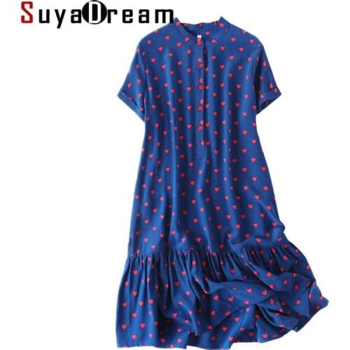 Women Mini Dress 100%SILK CREPE A-Line Hearts Printed Dresses Short Sleeved Ruffles Bottom Hems Dresses for Women 2019 Summer