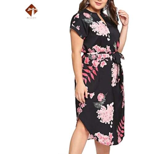 2021 Women Dress Summer Boho Irregular Midi Dresses Plus Size Casual V-Neck Tie Bandage Belt Floral Printed Curved Hem Dress