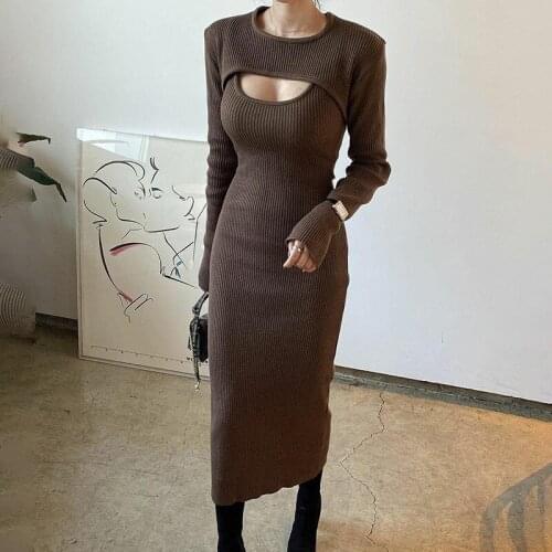 Elegant 2 pieces Women Knitted Dress Solid Bodycon Sweater Dress Nice Autumn Spring Ladies Work Wear Long Sleeve Slim Dresses