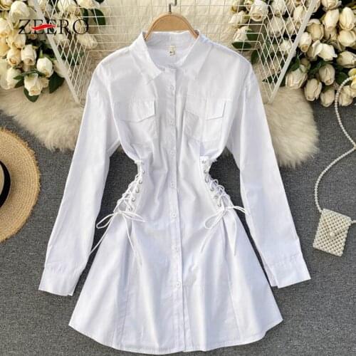 Spring Autumn Clothing Women Casual Vintage Dresses Female Lapel Long Slevee Pocket Bandage Elastic Waist Slim Mini Shirt Dress