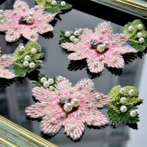 2Pcs Pink Flower White Pearl Sew On Patch for Clothing Beading Applique for Sweater Socks DIY Accessories Scrapbooking RP161