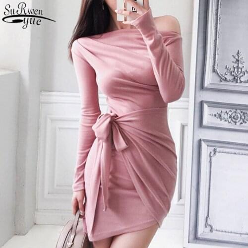 2021 Spring Autumn Korea Knitted Dress Women Sexy Slash Neck Off Shoulder Dress Solid High Waist Mini Dress Robe Femme 13068
