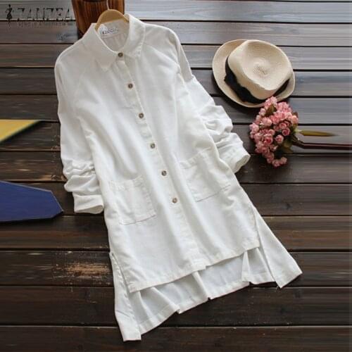 2021 ZANZEA Elegant Women Buttons Down Casual Blouse Loose Party Top Vintage Lapel Neck Long Sleeve Solid Work Shirt
