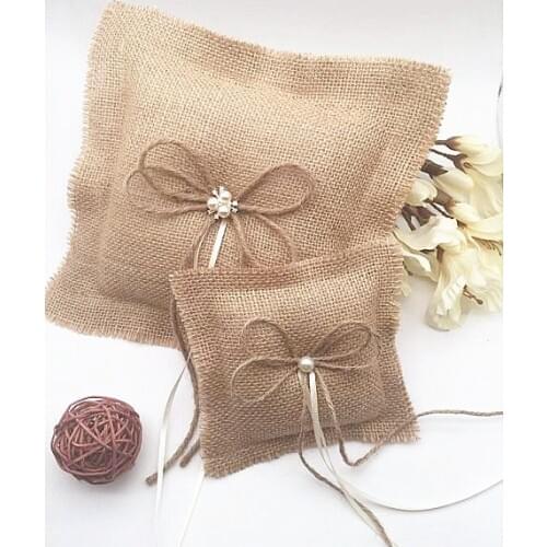 Free shipping DIY handmade 20cmx20cm Burlap Jute Wedding Ring Pillow wedding decorations Wedding Ceremony Ring Bearer Pillow