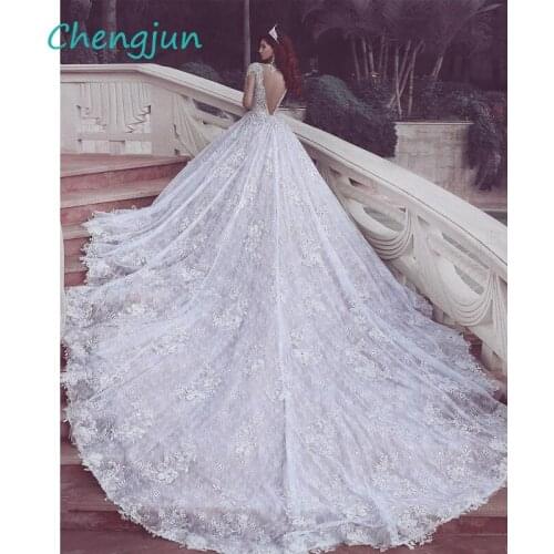 Chengjun High Quality O Neck Long Sleeve Ball Gown Lace Beaded Long Train Luxury Wedding Dress