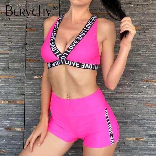 High Waist Bikini Set with Shorts Swimsuit Women 2021 Letter Print Sport Swim Gym Push Up Swimwear Bathing Suit