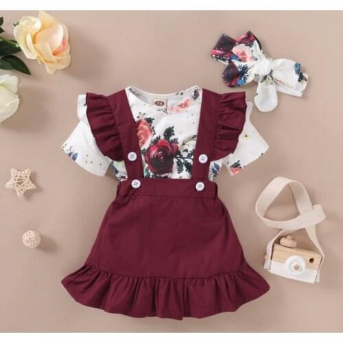 3-piece Baby Girl Clothes Toddler Floral Print Bodysuit Suspender Headband Set Newborn Infant Baby Girls Ruffled Sunflower