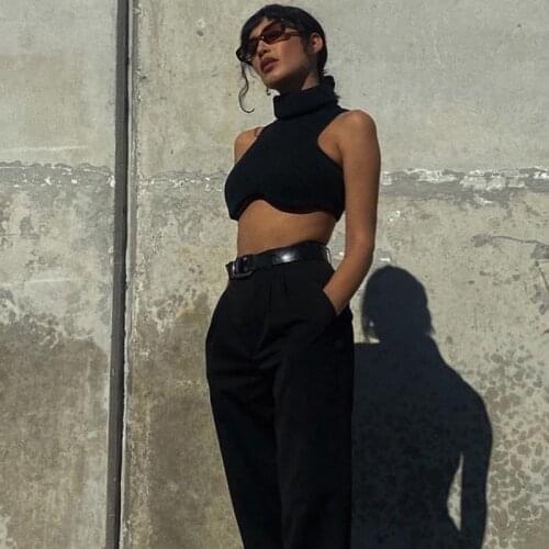 Black Knitted Tank Women All-matching Casual Turtleneck Slim Vest 2021 Early Autumn Simple Fashion Trend Female Crop Top Clothes