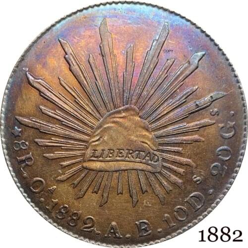 Mexico Republic Mexicana 1882 A E 8 Reales Libertad Eagle With Snake On Cactus Radiant Cap With Rays Silver Plated Copy Coins