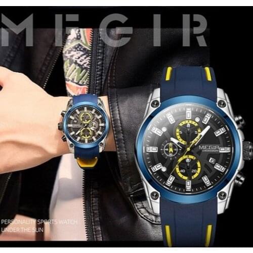 MEGIR 2144 Mens Fashion Business Quartz Chronograph Watch Luxury Waterproof Alloy Case Sports Silicone Band Male Wristwatches