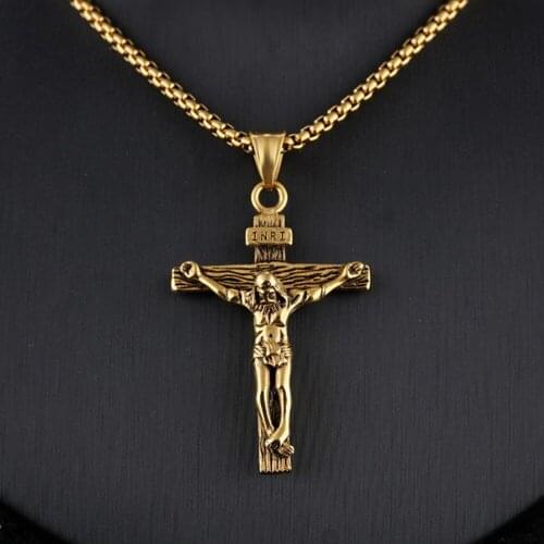 Mens Stainless Steel Jesus Christ Crucifix Cross Religious Pendant Necklace Unisex, 24" with Chain, Back Side Men Jewelry