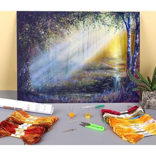 Natural Scenery Bluebell Beams Printed Water-Soluble Canvas 11CT Cross Stitch Complete Kit DIY Embroidery DMC Sales