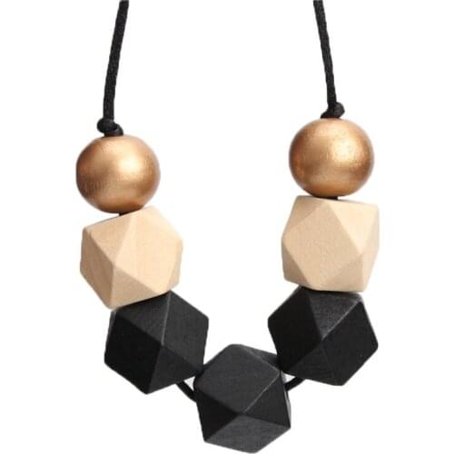 New Wood Geometric Necklace Painted Chunky Faceted Wooden Beads Ball Chunky Leather Cord Brown Black Statement