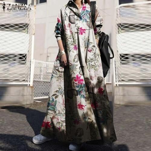 ZANZEA Casual Dress Female Autumn Long Sleeve Loose Long Robe Vintage Women Floral Printed Sundress Dresses Vestidos