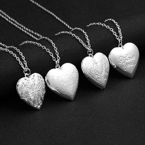 Family Lover Gift Carved Hollow Love Heart Can Open Photo Frame Box Pendant Necklace Valentine link Chain Locket Necklaces