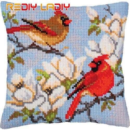 Cross Stitch Cushion Cardinals Flowers Needlepoint Kits Pre-Printed Canvas Thick Yarn Cross-stitch Pillow Case Arts and Crafts