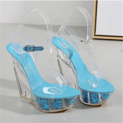 Ultra high heel sandals, high transparent crystal shoes waterproof platform 14CM wedge heel sandals