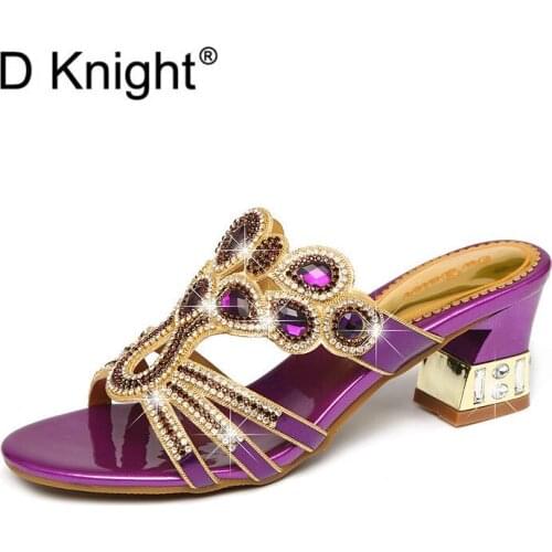 Women Sandals Crystal Strappy Mule Heels Sandals Slippers Women High Heels Flip Flops Slides Party Shoes Woman Large Size 33-41