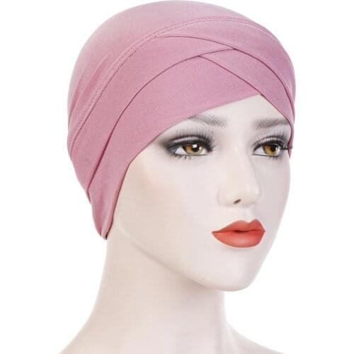 Women Stretchy Turban Hat Cross Head Wrap Cotton Hijab Cap Solid Color Soft Headscarf Fashion Muslim Hats Scarf High Quality New