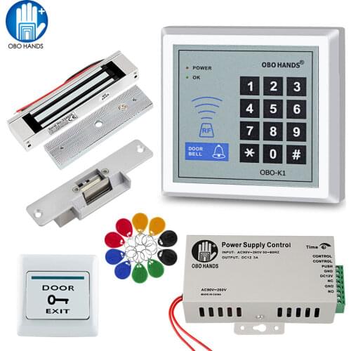Door Access Control System Kits 125KHz RFID Keypad DC12V Power Supply Electric Magnetic Strike Lock Exit Button for Entry Safe