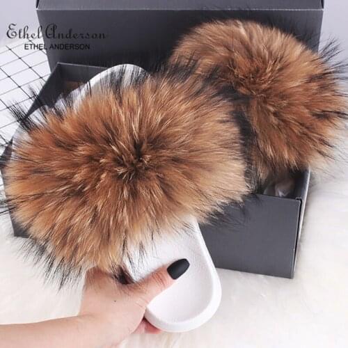 Ethel Anderson Womens Fur slides Summer Real Fox Fur Slippers Flat Sandals Fluffy Multi-Color Fur Shoes