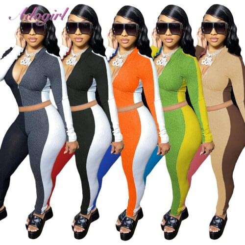 Fitness Ribbed Knitted Workout Tracksuit Color Block Long Sleeve Zippers Crop Jacket Leggings Sweatpants Joggers Two Piece Sets
