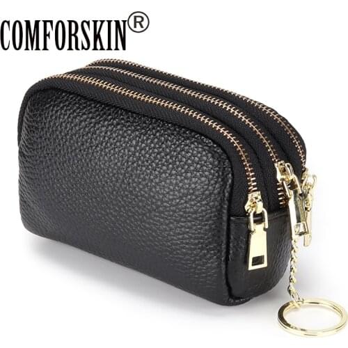 COMFORSKIN Three Zipper Linings Coin Purse New Arrivals Cowhide Leather Mini Purse For Female Dropshippng Multi-function Purse