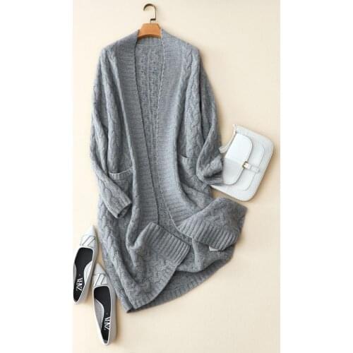 High quality cable knitted 100% cashmere cardigan women long open front v neck winter coat
