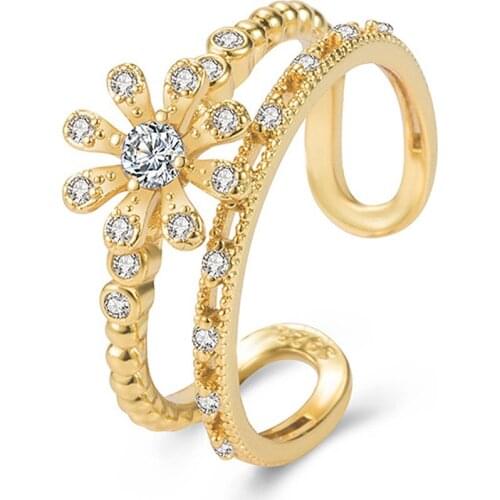 2 Layered Sunflower Crystal Zircon Diamonds Gemstones Rings for Women Girl Gold Color Jewelry Bijoux Accessory Gifts 2021 trendy