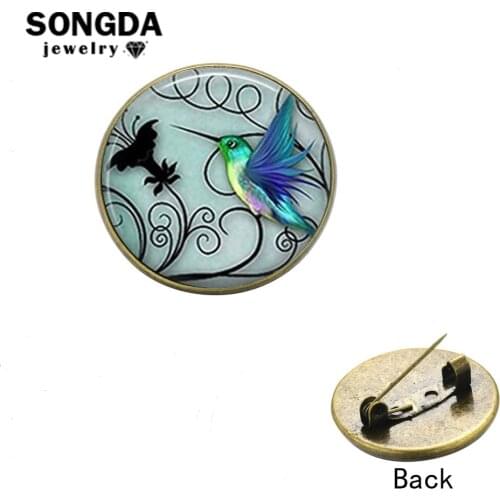SONGDA Blue Hummingbird Brooches for Women Birds Little Animal Art Painting Glass Round Pins Button for Coat Banquet Accessories