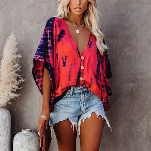 Lady Tshirts Women V-neck Bat Sleeve Tie-dye Printed Shirt Aesthetic Clothes Women Breathable Comfortable Sexy Tops
