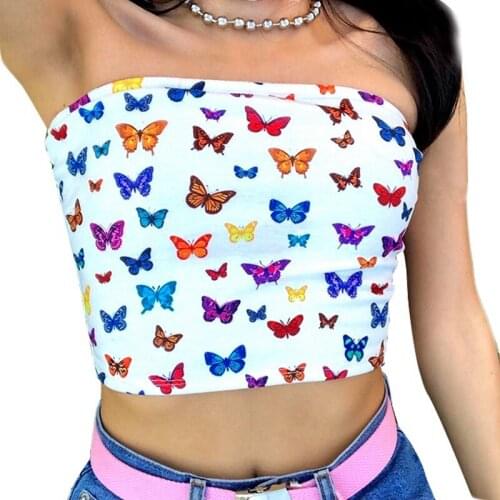 Women Top Butterfly Pattern Print Cotton Colorful Neck Tank Strapless Crop Top Summer Multicolor