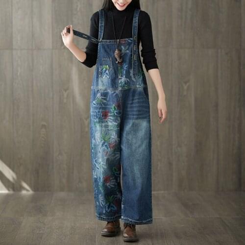 2018 Autumn Winter Jumpsuits Female Floral Print Wide Leg Jeans Jumpsuits for Women