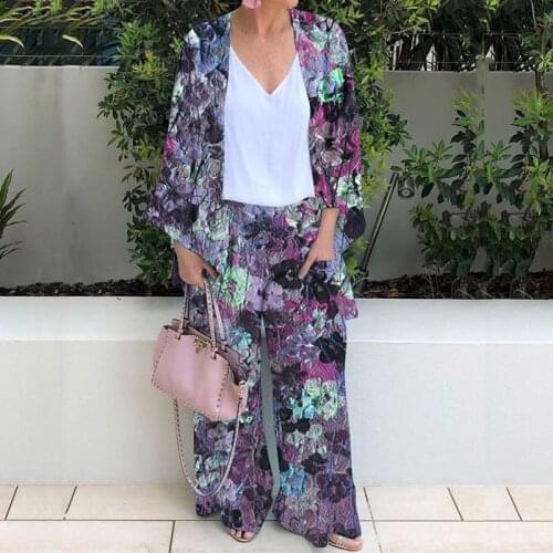 Spring Autumn Vintage Printed Two Piece Women Loose Sets Casual Cardigan And Wide Leg Pants Fashion Flare Sleeveless Lady Outfit