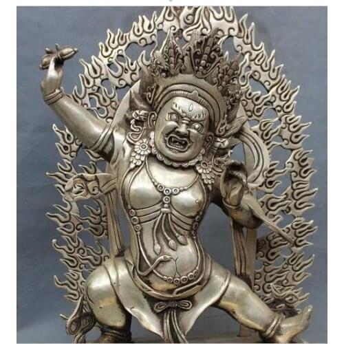 19" Tibet Silver Buddhism Bless Vajrapani Mahakala Buddha Statue Brass Joss decoration factory outlets white Copper Silver