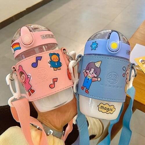 350ml Cute Cartoon Strap Drink Water Straw Bottle Cup Plastic for Baby Kids Children Student Boy Girl Creative Gift Wholesale