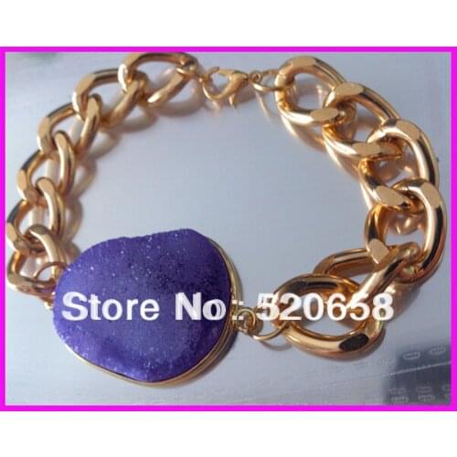 4pcs/lot shape natural Drusy Glass stone bead bracelet,Gold color chunky chain bracelet Druzy stone connector