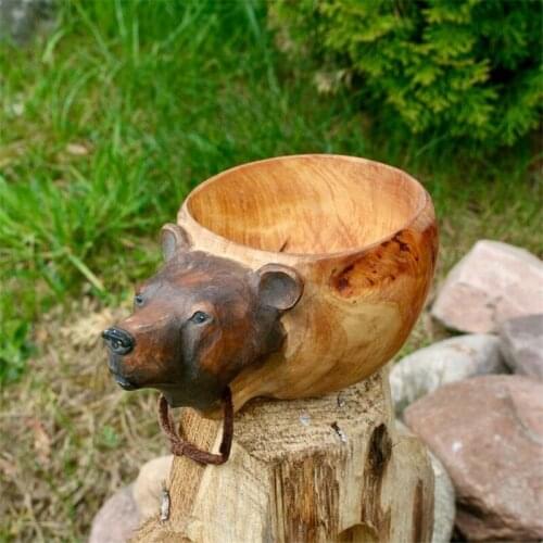 Wooden Mug Animal Shape Portable Camping Drinking Cup Hand Carved Outdoor Cup with Lanyard for Coffee Tea Milk can CSV