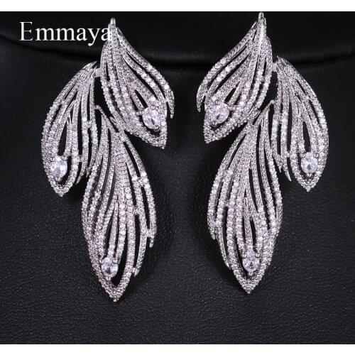 Emmaya Elegant Leaf Shaped Cubic Zirconia Crystal Bridal Long Earrings Luxury Wedding Jewelry for Brides Party Gift