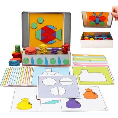Tangram Puzzle Kids Toy Iron Boxed Wooden 150PCS Magnetic Tangram Graphic Card Matching Multi-Function Play Educational Toy Set