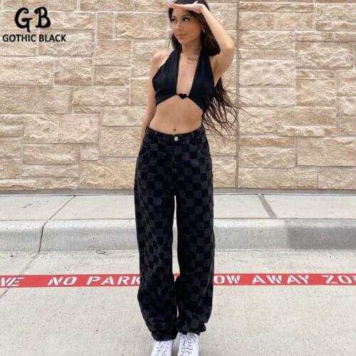 Gothblack Pants Fashion Streetwear Loose Plaid Casual Baggy Jeans Panelled Slim Summer Women Vintage Trousers Comfort High Waist