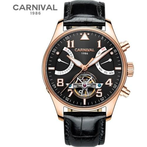 2019 CARNIVAL mens watches brand luxury Automatic Mechanical Luminous Waterproof Tourbillon Watch Big Black Dial Clock relojes