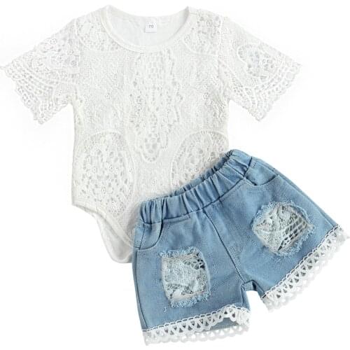 0-24M Lovely Baby Girls Boys Clothes Sets Lace Floral Print Short Sleeve Romper Tops Denim Shorts