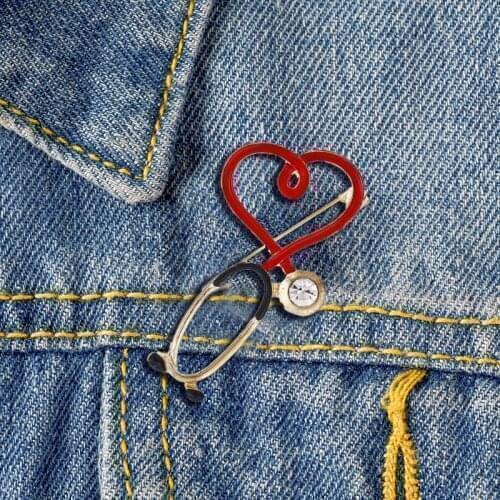 Copper Love Heart Stethoscope Brooches For Women Men Doctor Nurse Medical Brooch Collar Clip Badge Pins Christmas Gift