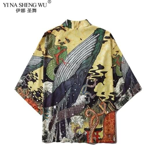 Fashion Japanese Anime Style Whale Print Kimono Women Cardigan Yukata Kimono Streetwear Men Loose Asian Clothing